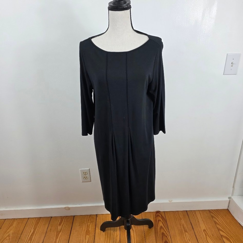 J. Jill Wearever Black Knit Dress 3/4 Sleeve Pleated Front‎ Scoop Neck Womens M
